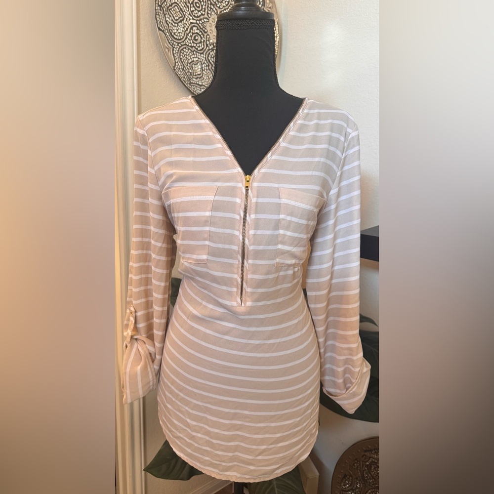 Zac & Rachel Cream/Tan White 1/2 Zip Slightly Sheer Women's Striped Blouse